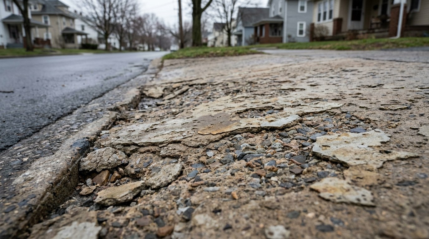 Road salt concrete surface damage on a residential driveway in Altoona Pennsylvania Blair County freeze-thaw scaling spalling